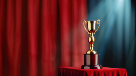 A striking gold trophy gleams on a pedestal, bathed in dramatic lighting. The background features rich red velvet curtains, symbolizing achievement and celebration.の素材