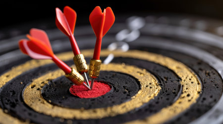 A vibrant close-up image featuring three red darts firmly planted in the bullseye of a dartboard, representing focus, skill, and success in achieving goals.の素材