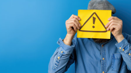 A man holds a bright yellow caution sign with an exclamation mark in front of his face, standing against a solid blue background, capturing attention.の素材