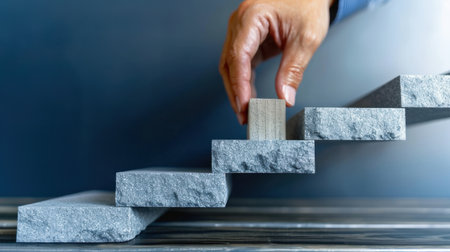 A close-up image showing a hand placing a block on ascending steps, symbolizing the journey of progress and achievement in various aspects of life and career.の素材