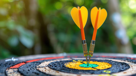 This vibrant image showcases two yellow darts firmly embedded in the bullseye of a dartboard, set against a lush, green background. Ideal for themes of precision and skill.の素材