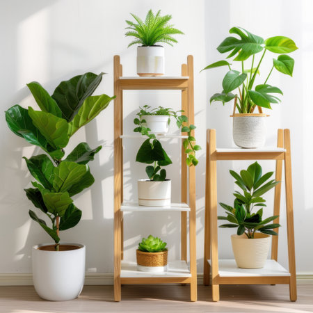 Bright and airy space featuring modern wooden shelves adorned with vibrant indoor plants, creating a refreshing and inviting atmosphere perfect for home decor.の素材