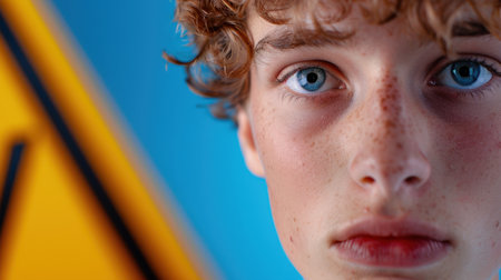 This striking close-up portrait features a young boy with curly hair and freckles, showcasing his captivating blue eyes against a colorful background.の素材