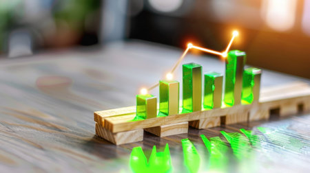 A captivating image of a green graph representing growth, placed on a wooden base with soft reflections on the table surface, symbolizing business progress.の素材