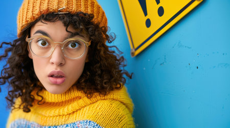 A young woman with curly hair and glasses expresses surprise in a bright yellow knitted hat, posing against a vibrant blue wall with a warning sign.の素材