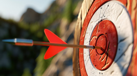 An arrow perfectly strikes the bullseye of a wooden target, set against a picturesque outdoor backdrop, symbolizing achievement and precision in sport.の素材