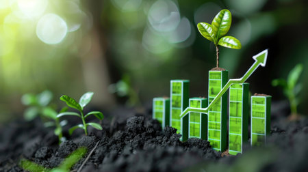 This image showcases a creative representation of growth with a green bar graph and fresh leaves, symbolizing financial prosperity and sustainability within nature.の素材