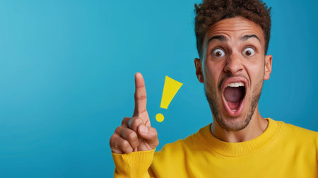 A vibrant portrait of an excited young man with curly hair wearing a yellow sweater, energetically expressing surprise with a finger gesture against a blue background.の素材