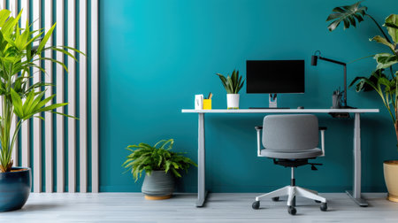 A bright and inviting home office featuring a sleek desk with a monitor, a comfortable chair, and lush indoor plants, all against a vibrant aqua wall.の素材
