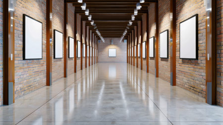 A spacious art gallery interior featuring empty frames on industrial brick walls. The clean design and bright lighting create an inviting atmosphere for artistic displays.の素材