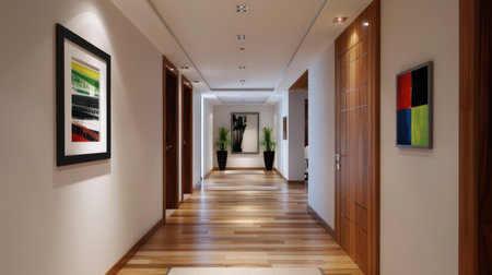 A beautifully designed modern hallway featuring wooden flooring, contemporary artwork, and decorative plants, creating an inviting atmosphere for any space.の素材