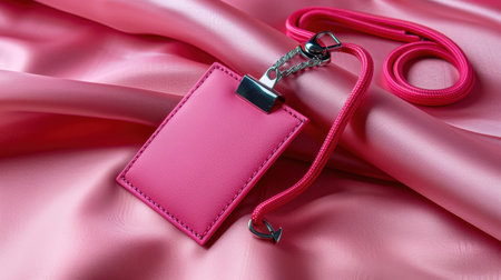 This stylish pink ID badge holder with a lanyard rests elegantly on soft satin fabric, showcasing modern design and vibrant color, perfect for professionals.の素材