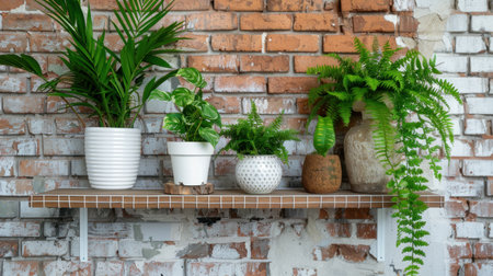A vibrant display of indoor plants on a wooden shelf contrasts beautifully against a rustic brick wall, enhancing the aesthetic of any modern living space.の素材