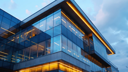 A striking modern glass building stands in an urban setting, showcasing illuminated lines at dusk, set against a dramatic sky filled with clouds.の素材