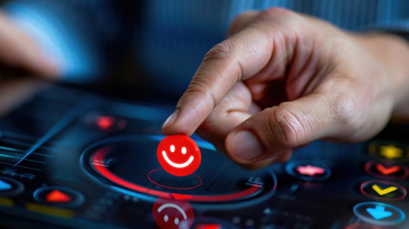 A close-up view of a hand selecting a red smiley icon on a digital touchscreen interface, symbolizing user engagement and positive feedback in a modern business setting.の素材