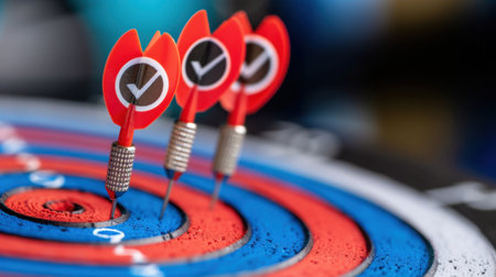 A vivid close-up photo showcasing precision darts striking a dartboard, with bright red and blue colors enhancing the excitement of the game.の素材