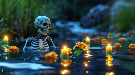 A hauntingly beautiful scene featuring a skeleton seated in a serene pond surrounded by flickering candles and vibrant flowers, capturing mystery and tranquility.の素材