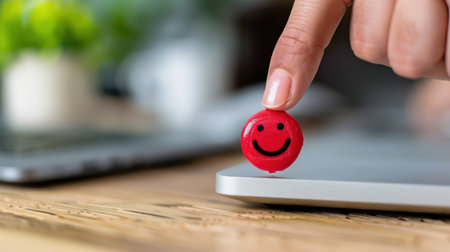 A close-up view of a hand placing a red smiley face token on a laptop, symbolizing positivity and creativity in a modern work environment.の素材