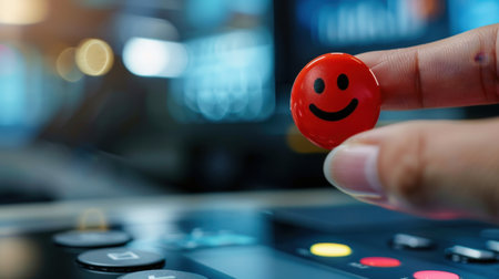 This image features a close-up view of a hand holding a red smiley face button, representing positive emotions in a technology-driven environment.の素材