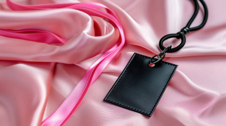 An elegant black clothing tag rests on soft pink silky fabric, complemented by a pink ribbon, perfect for fashion branding and stylish product displays.の素材