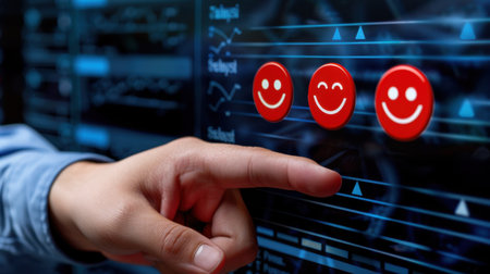 This image showcases a hand interacting with a digital feedback interface featuring smiley face icons to gauge user satisfaction, emphasizing modern user experience.の素材