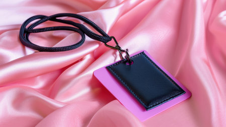A stylish black and pink lanyard with an ID card holder rests elegantly on a soft satin fabric, perfect for events or corporate settings.の素材