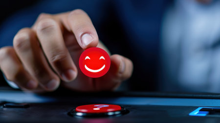 A close-up shot features a hand holding a vibrant red smiley face icon above a question mark button, symbolizing user feedback in a modern business setting.の素材