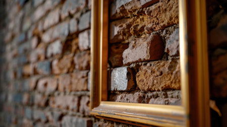 This image showcases a rustic brick wall adorned with an empty golden frame, ideal for artistic pursuits and design projects, offering a warm and cozy vibe.の素材
