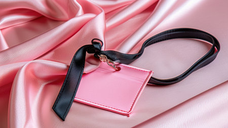 This image captures an elegant pink name tag resting on soft satin fabric, tied with a black ribbon. The composition evokes a sense of style and professionalism.の素材