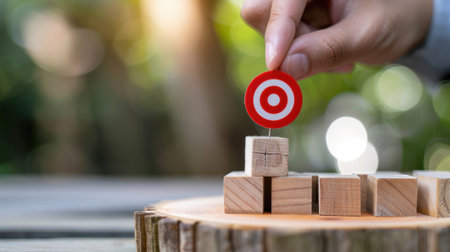 A hand is placing a colorful target onto a stack of wooden blocks, representing goal setting and achievement. The scene captures a serene outdoor ambiance.の素材
