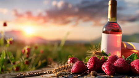 A serene sunset captures a romantic picnic scene featuring fresh strawberries and a wine bottle, set against a breathtaking natural backdrop. Perfect for lifestyle themes.の素材