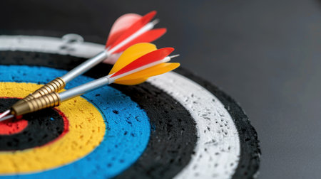 A vibrant close-up shot of a dartboard featuring colorful darts positioned strategically, showcasing the essence of focus and precision in target sports.の素材