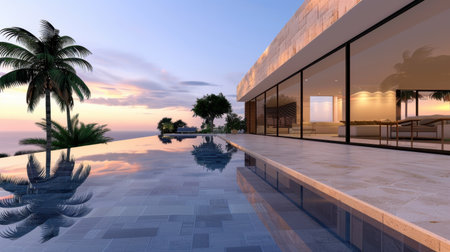 A breathtaking view of a modern villa featuring an infinity pool, palm trees, and stunning sunset colors that create a serene outdoor atmosphere.の素材