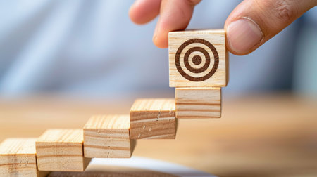 A hand is placing a wooden block with a target symbol on top of a stack of cubes, symbolizing strategic goals, achievements, and personal development in various fields.の素材