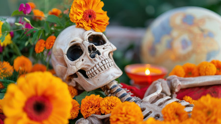 A vivid image of a skeleton adorned with marigold flowers and lit candles, showcasing a festive atmosphere for the Day of the Dead celebration.の素材