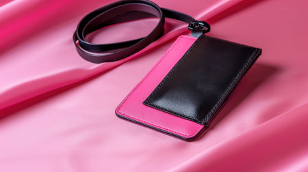 A fashionable lanyard wallet in pink and black rests elegantly on a smooth pink fabric, showcasing its modern design and appealing color contrast.の素材