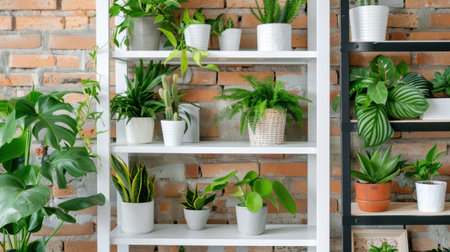 This image features an inviting arrangement of indoor plants on white shelves, set against a rustic brick wall, perfect for home decor ideas.の素材