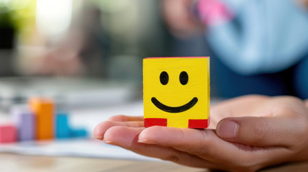 A vibrant wooden block featuring a smiley face held delicately in a hand, radiating joy and positivity. Perfect for capturing playful moments.の素材