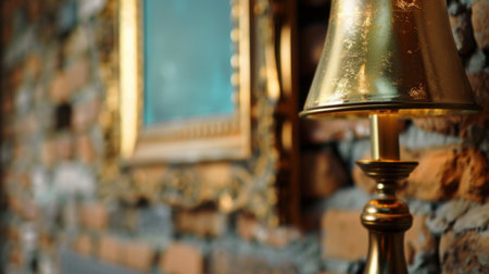 This image features a chic gold table lamp positioned beside a vintage frame set against a rustic brick wall, showcasing elegance in a cozy interior space.の素材