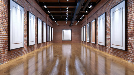 A spacious modern art gallery featuring empty frames on brick walls and a polished wooden floor, creating a perfect environment for showcasing art.の素材