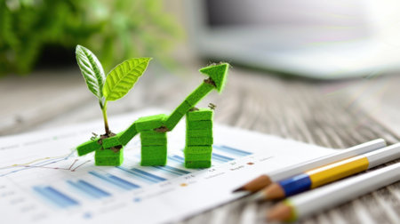 This image showcases a creative representation of growth with a green chart made from natural elements, emphasizing business success intertwined with environmental consciousness.の素材