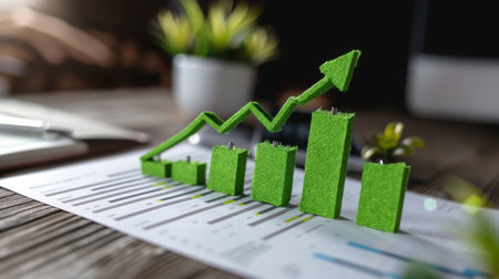 This stock photo features a green bar graph symbolizing growth against an office backdrop, ideal for business, finance, and marketing projects that emphasize progress.の素材