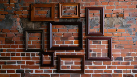 A striking arrangement of empty wooden frames on a weathered brick wall offers a unique backdrop for artistic expression and home decoration ideas.の素材