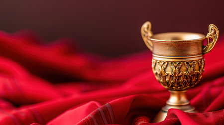 This stunning image features a golden trophy cup resting on a rich red fabric backdrop, showcasing intricate designs and capturing a sense of elegance and achievement.の素材