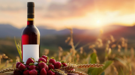 A beautiful bottle of red wine sits elegantly among ripe strawberries and wheat stalks, illuminated by a warm sunset glow. It captures the essence of a perfect evening celebration in nature.の素材