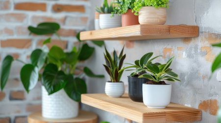 A serene indoor scene featuring a variety of lush plants displayed on wooden shelves against an exposed brick wall, showcasing modern home decor ideas and natural beauty.の素材