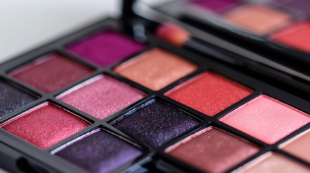 This close-up image features a stunning eyeshadow palette showcasing an array of vivid shades, perfect for artistic makeup looks and beauty enthusiasts.の素材