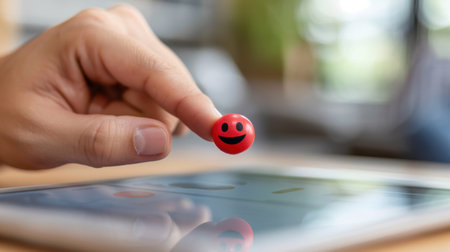 A hand holds a vibrant red smiling face emoji above a touchscreen device, symbolizing joy and communication in a bright indoor environment.の素材
