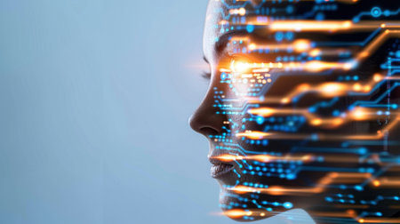 A captivating profile of a woman intertwined with digital circuit patterns and glowing elements, symbolizing the intersection of technology and human creativity.の素材