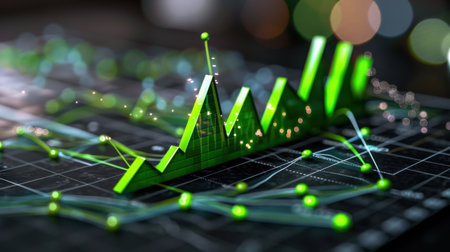 A visually striking graph showcasing green financial growth, highlighting significant data points and market trends, symbolizing economic advancement.の素材